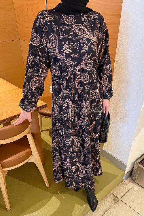 Lamelif Etnik Desen Tesettür Elbise Siyah-Kahverengi