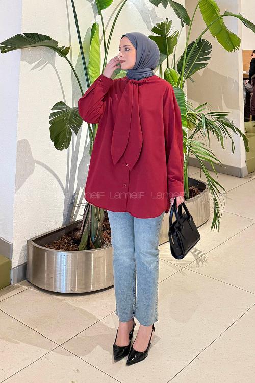 Lamelif Fular Detaylı Gömlek Bordo