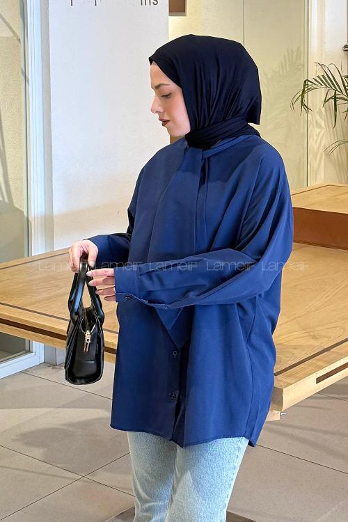 Lamelif Fular Detaylı Gömlek Lacivert