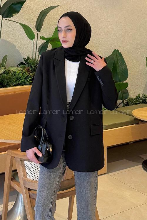 Lamelif Sırt Yırtmaç Detaylı Pensli Ceket Siyah