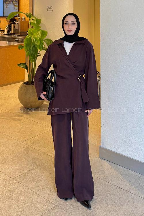 Lamelif Toka Detaylı Pantolonlu Takım Mürdüm