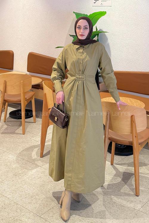 Lamelif Toka Detaylı Terikoton Elbise  Haki