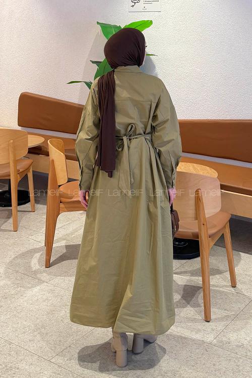 Lamelif Toka Detaylı Terikoton Elbise  Haki