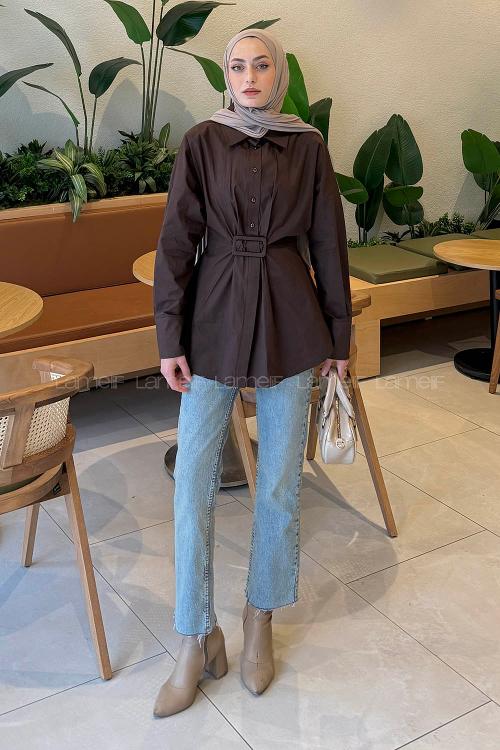 Lamelif Toka Detaylı Terikoton Gömlek Acı Kahve