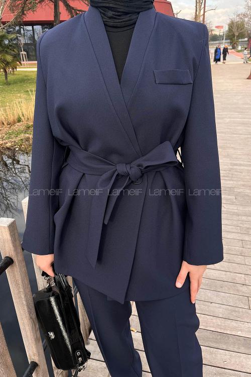 Lamelif Bağlama Detaylı Ceket-Pantolon Takım Lacivert