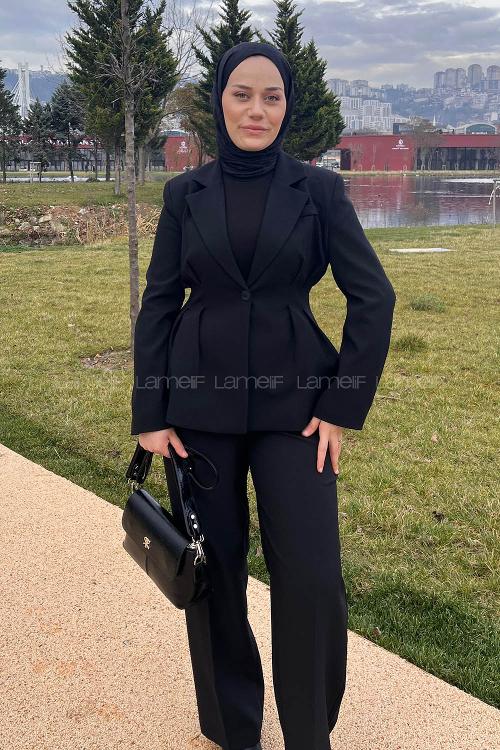 Lamelif Belden Oturtmalı Ceket-Pantolon Takım Siyah