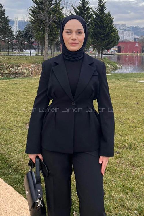 Lamelif Belden Oturtmalı Ceket-Pantolon Takım Siyah