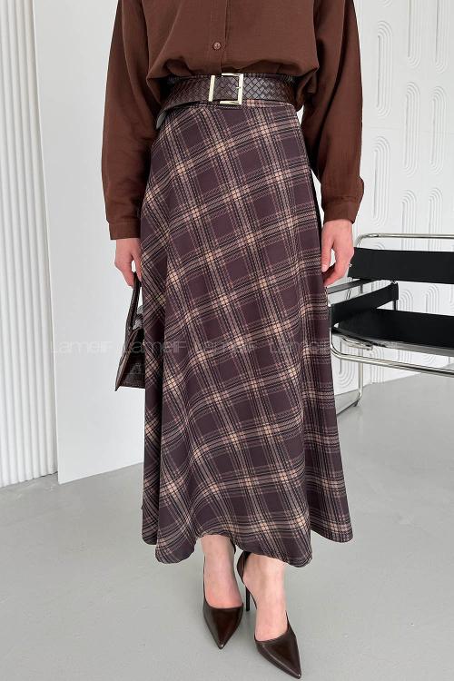 Lamelif Ekose Detay Çan Etek Kahverengi-Bej