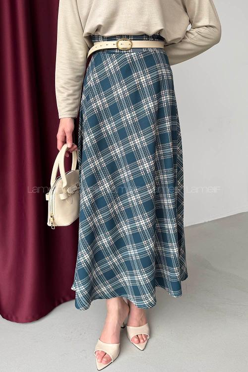 Lamelif Ekose Detay Çan Etek Petrol Mavisi