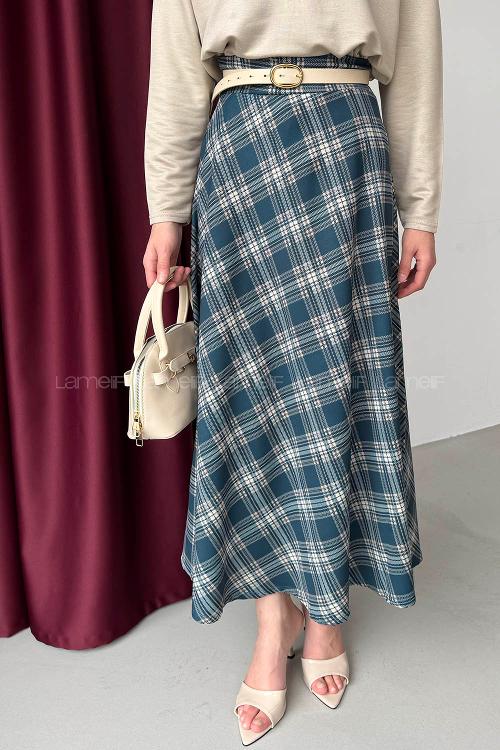 Lamelif Ekose Detay Çan Etek Petrol Mavisi