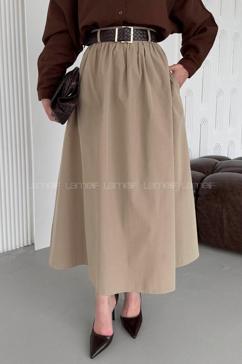 Lamelif Kemerli Büzgülü Etek Haki