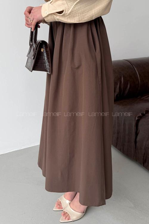 Lamelif Kemerli Büzgülü Etek Kahverengi