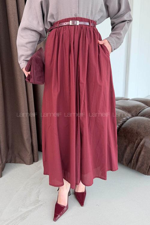 Lamelif Kemerli Cepli Tesettür Etek Bordo