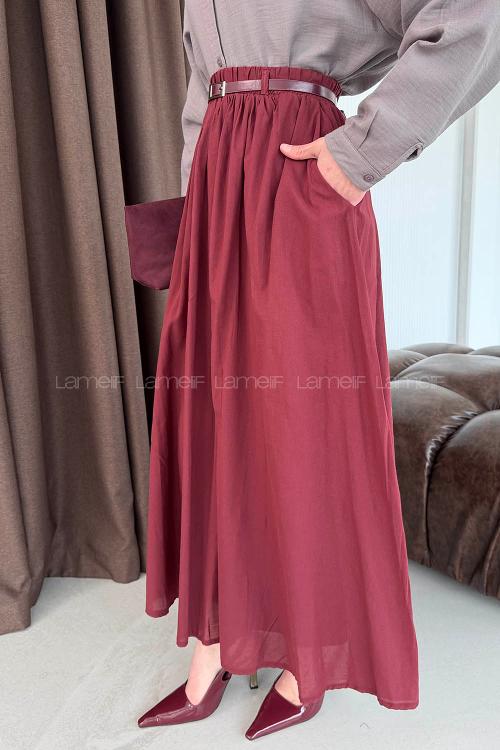Lamelif Kemerli Cepli Tesettür Etek Bordo