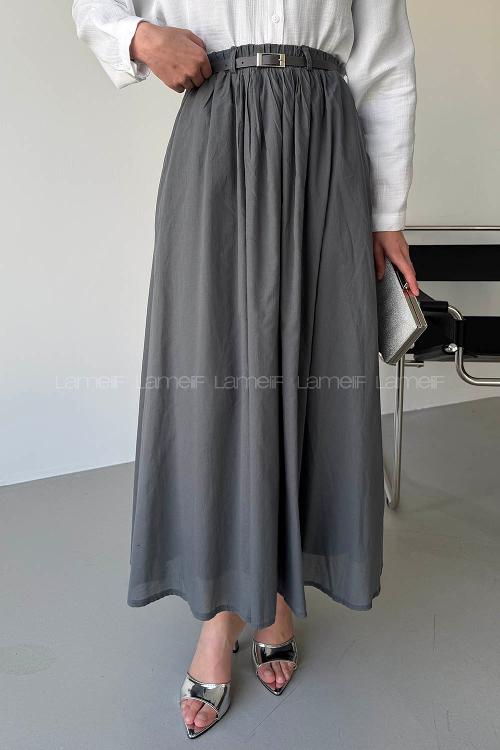 Lamelif Kemerli Cepli Tesettür Etek Gri