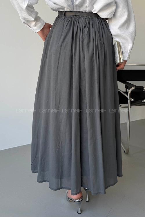 Lamelif Kemerli Cepli Tesettür Etek Gri