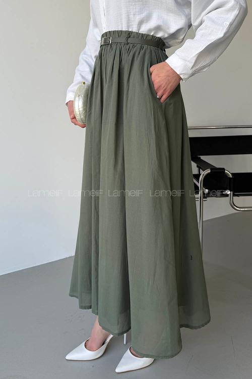 Lamelif Kemerli Cepli Tesettür Etek Haki