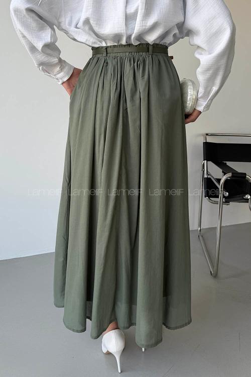 Lamelif Kemerli Cepli Tesettür Etek Haki