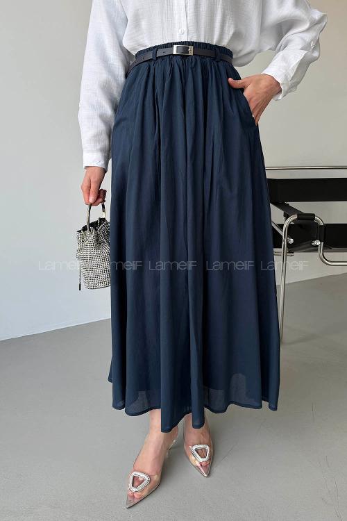 Lamelif Kemerli Cepli Tesettür Etek Lacivert