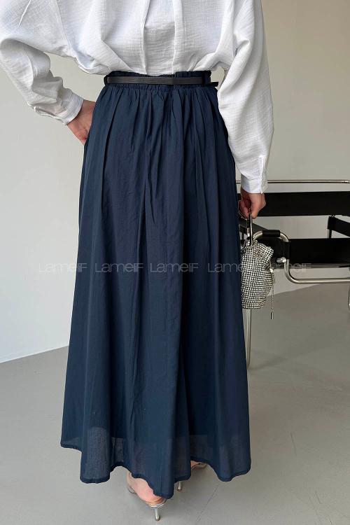 Lamelif Kemerli Cepli Tesettür Etek Lacivert