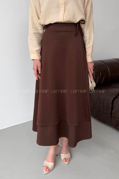 Lamelif Scuba Yandan Bağlamalı Çan Etek Acı Kahve