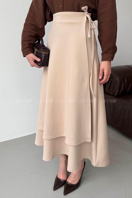 Lamelif Scuba Yandan Bağlamalı Çan Etek Bej