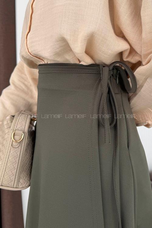 Lamelif Scuba Yandan Bağlamalı Çan Etek Haki