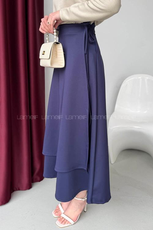 Lamelif Scuba Yandan Bağlamalı Çan Etek Lacivert