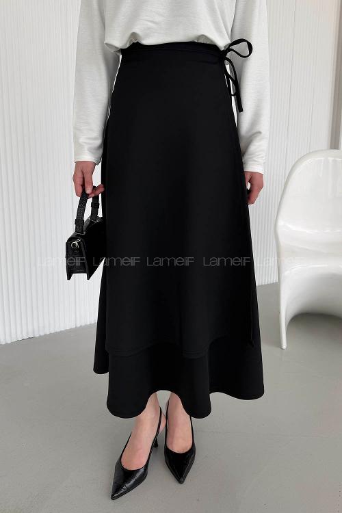 Lamelif Scuba Yandan Bağlamalı Çan Etek Siyah