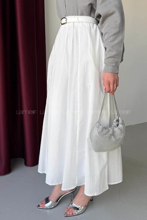 Lamelif Vual Kemerli Tesettür Etek Beyaz