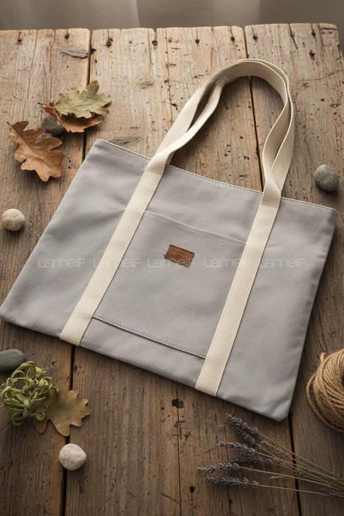 Lamelif Kadın Kanvas Büyük Boy Kol Ve Omuz Çantası Fermuarlı Gri