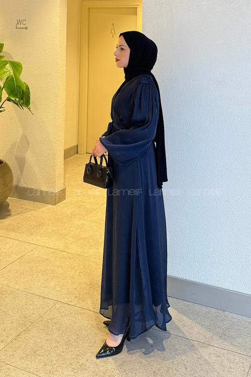 Lamelif Balon Kol Organze Elbise Lacivert