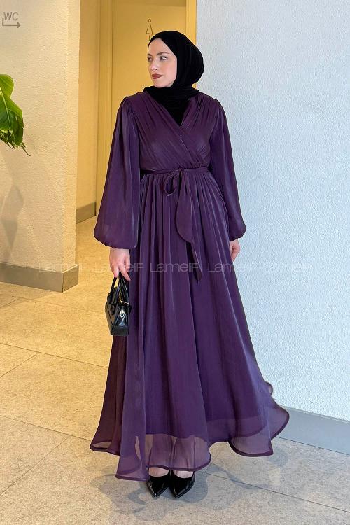 Lamelif Balon Kol Organze Elbise Mor