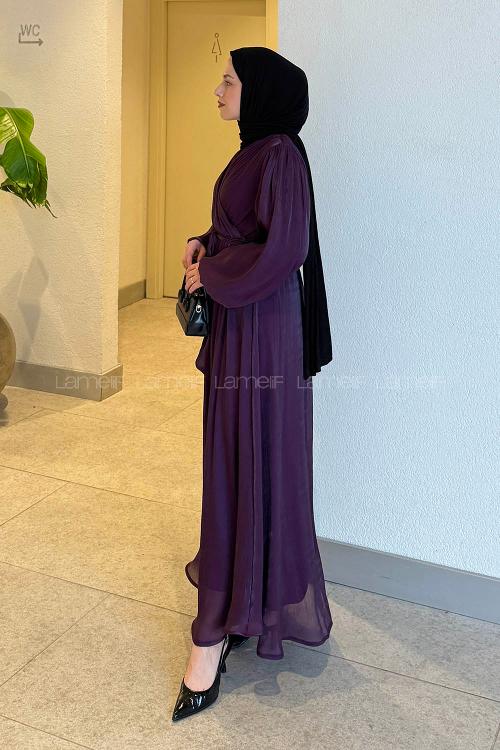 Lamelif Balon Kol Organze Elbise Mor