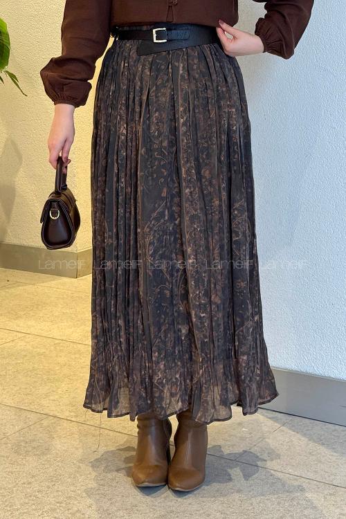 Lamelif Baskılı Etek Acı Kahve