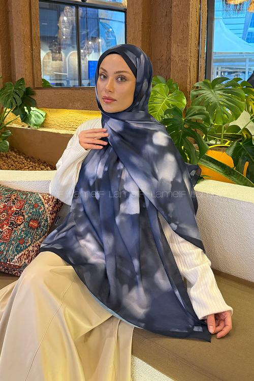 Navy Blue Cotton Striped Printed Shawl