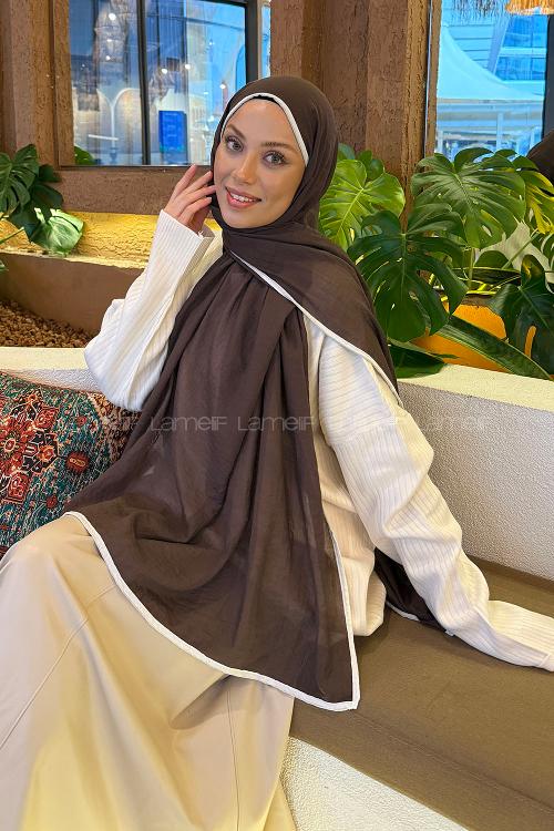Lamelif Biyeli Müslin Şal Acı Kahve Beyaz