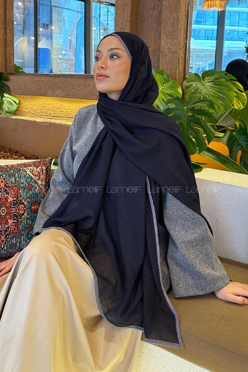 Lamelif Biyeli Müslin Şal Lacivert Gri