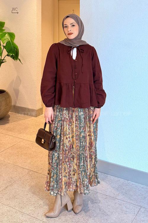 Lamelif V Yaka Kolları Lastikli Müslin Tesettür Gömlek Bordo