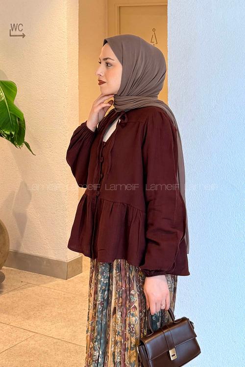 Lamelif V Yaka Kolları Lastikli Müslin Tesettür Gömlek Bordo