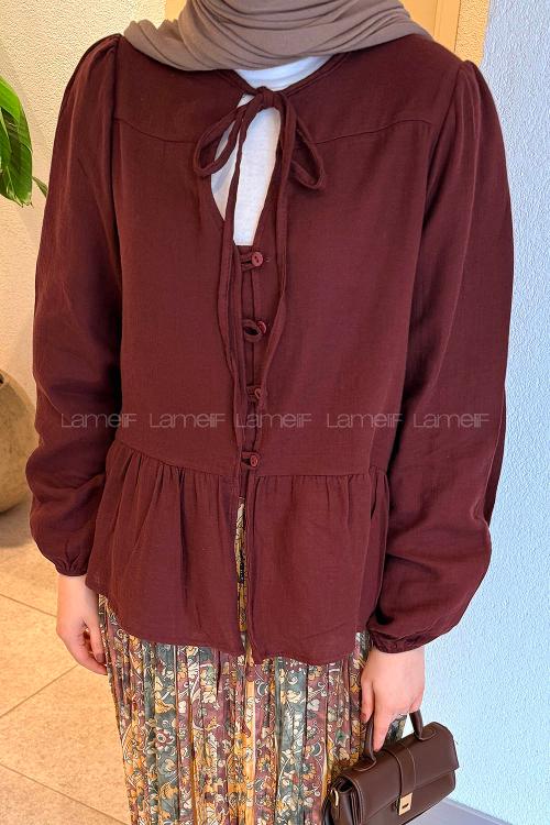 Lamelif V Yaka Kolları Lastikli Müslin Tesettür Gömlek Bordo