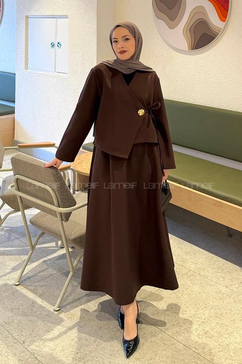 Lamelif Yan Bağlama Detaylı Etekli Takım Acı Kahve