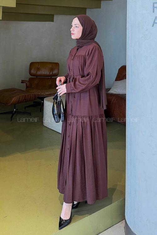 Lamelif Bağlama Detaylı Tesettür Elbise Acı Kahve