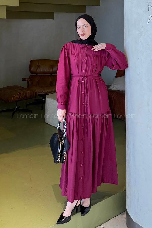 Lamelif Bağlama Detaylı Tesettür Elbise Mürdüm