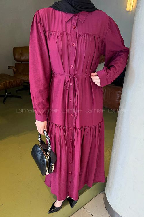 Lamelif Bağlama Detaylı Tesettür Elbise Mürdüm