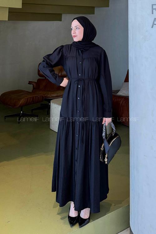 Lamelif Bağlama Detaylı Tesettür Elbise Siyah