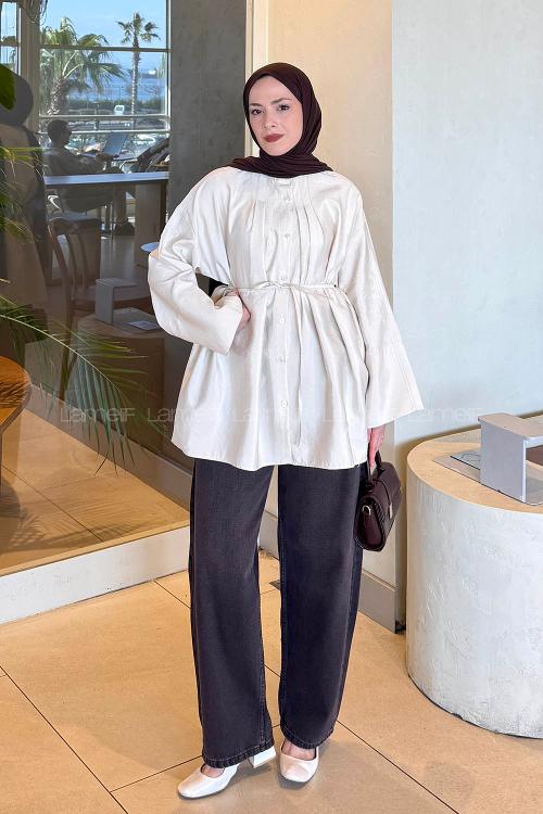 Lamelif Önü Pensli Tesettür Gömlek Krem
