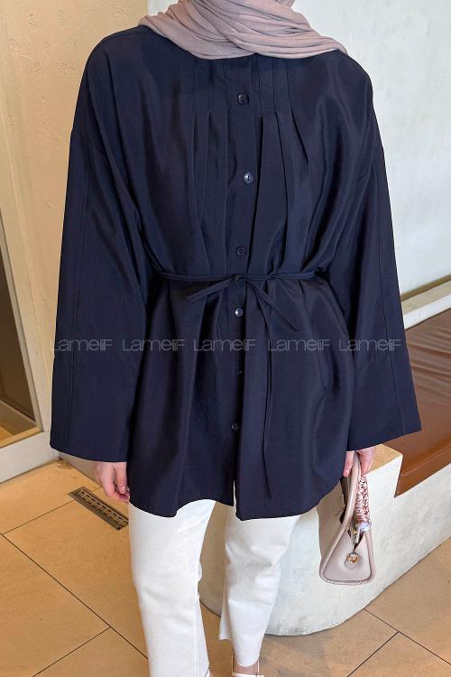 Lamelif Önü Pensli Tesettür Gömlek Lacivert