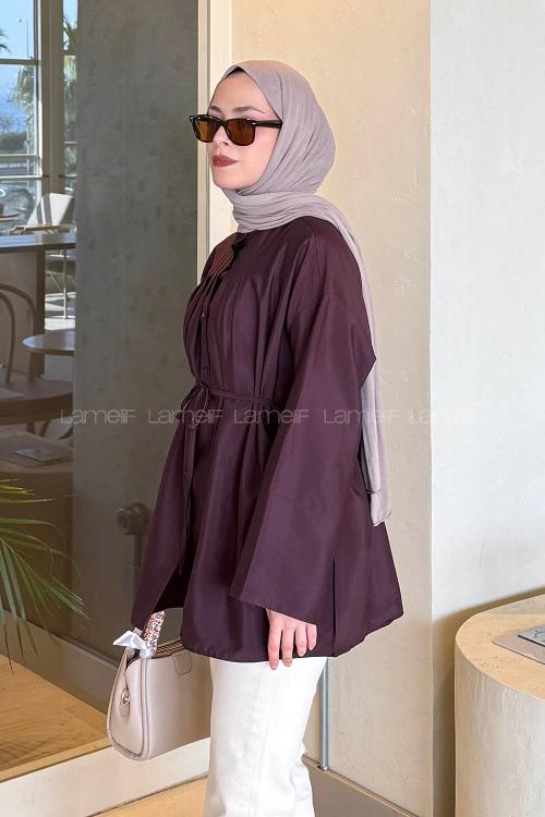Lamelif Önü Pensli Tesettür Gömlek Mürdüm