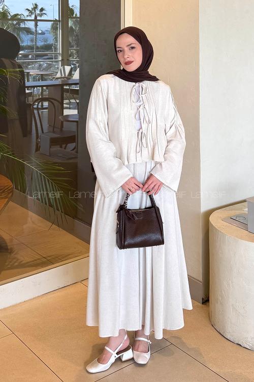 Lamelif Pileli Bağlama Detaylı Takım Taş Rengi